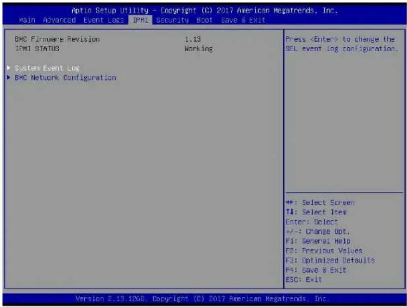 Antio Setup Utility - Copyright (C) 2017 American Megatrends, Inc. Main Advanced Event Logs IPMI Security Boot Save & Exit BMC Firmware Revision 1.13 IPMI STATUS Working ► System Event Log ► BKC Network Configuration Press to change the SEL event log configuration. +: Select Screen T1: Select Item E…