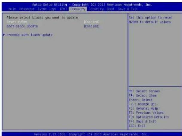 Optin Setup Utility - Copyright (C) 2017 American Megatrends, Inc. Main Advanced Event Log (DW) Recovery Security Boot Save & Exit Please select blocks you want to update Reset OK Boot Block Update [Enabled] ▶ Proceed with flash update Set this option to reset NWSM to default values +: Select Screen…