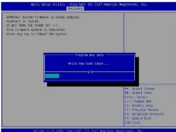 Aotia Setup Utility - Copyright (C) 2017 American Megatrends, Inc. Recovery WARNING System firmware is being updated. Keyboard is locked. DO NOT TURN THE POWER OFF III Drive firmware update is completed press any key to reboot the system Program new data Write new boot block... 178 +: Select Screen…