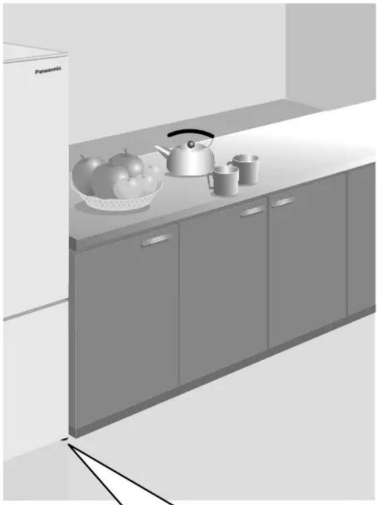 Interior view of a modern kitchen with a Panasonic counter, apple basket, and teapot (no text or symbols).