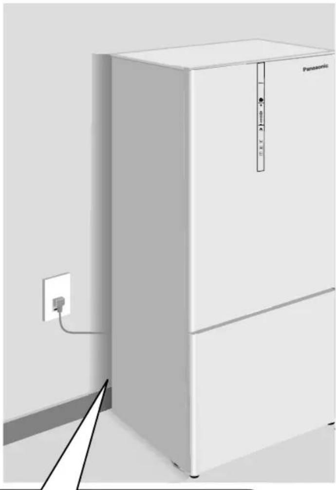 Exterior view of a Panasonic refrigerator with an electrical outlet and power plug (no text or symbols on the main subject).