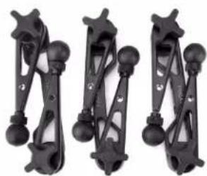 Three black mechanical clamps with spherical ends and connecting rods, arranged side by side (no text or symbols visible)