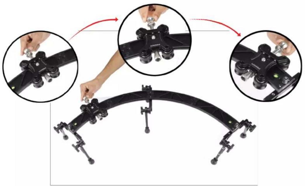 Mechanical assembly diagram showing three steps of adjusting a black track frame with clamps (no text or symbols visible)