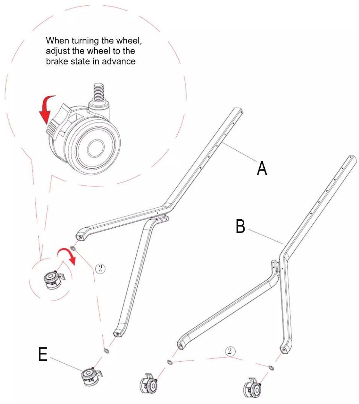 When turning the wheel, adjust the wheel to the brake state in advance A B E ② ②
