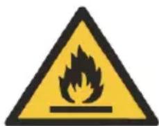 Warning sign depicting a flame symbol with hazard symbol, commonly used in safety or hazard prevention.