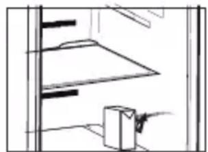 Simple line drawing of a cabinet or shelf with a box and shelves (no text or symbols)