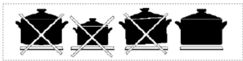 Four black-and-white silhouettes of cooking pots with crossed handles, arranged horizontally (no text or symbols)