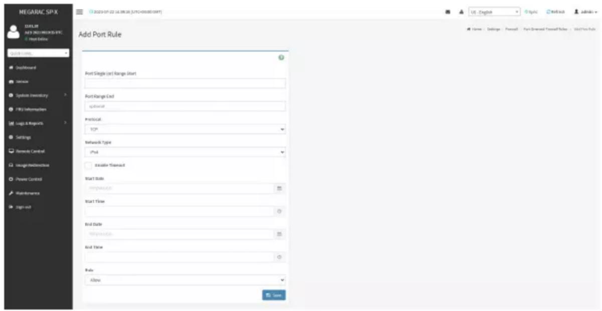 NEGARAC SP-X 12.05.08 A#Y 2021 MEGARAC SP-X Host Online Quick URL: DeepBourd Service System Inventory FMS Information Logic & Resources Settings Benedo Central Usage-Redentive Power Control Maintenance Sign out Add Port Rule Port Single (or) Range Start Port Range Cod optional Protocol: TCP Network Type: iOS Enable Flowout Start Date: mengaluacn Start Time: End Date: mengaluacn End Time: Rule: Allow Home - Settings - Passoff - Port Drivened Passoff Rules - Add/Use Rule US - English Topic Refresh admin