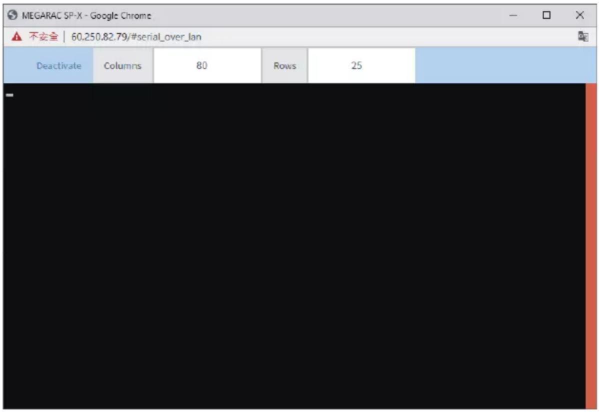 MEGARAC SP-X - Google Chrome 不安全 | 60.250.82.79/#serial_over_lan Deactivate Columns 80 Rows 25