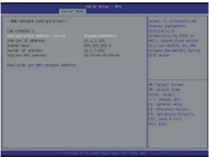 Option Setup - BMI Server: NNT --BMC network configuration-- lan channel 1 Configuration Address source [Dynan.com@Shop] Station IP address 10.1.7.141 Subset reset 255.255.255.0 Router IP address 16.1.7.253 Station MAC address 18-00-40-05-26-06 Real-time Grey BMC network address Select to configure LAW channel parameters. stitiously or dynamically by BIOS or BMC. Unspecified option will not modify any BMC network parameters during BIOS phase ◆ Select Screen F1: Select Item Enter: Select A/- Change Dot. F1: General help F2: Previous Values F3: Optimized Defaults F10: Save & Exit BDO: Exit