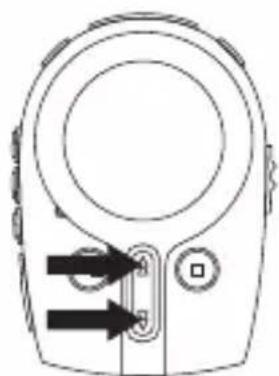 Diagram of a handheld device with circular top and buttons, showing directional arrows (no text or symbols)