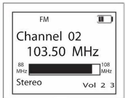 FM Channel 02 103.50 MHz 88 MHz 108 MHz Stereo Vol 2 3