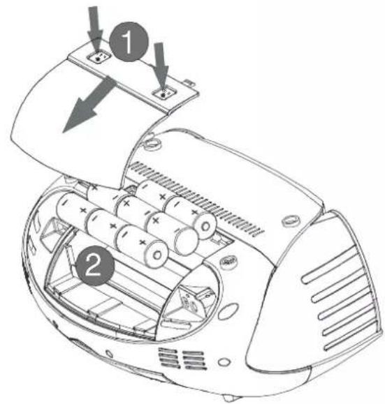 Technical diagram of a portable radio receiver with labeled components and battery layout