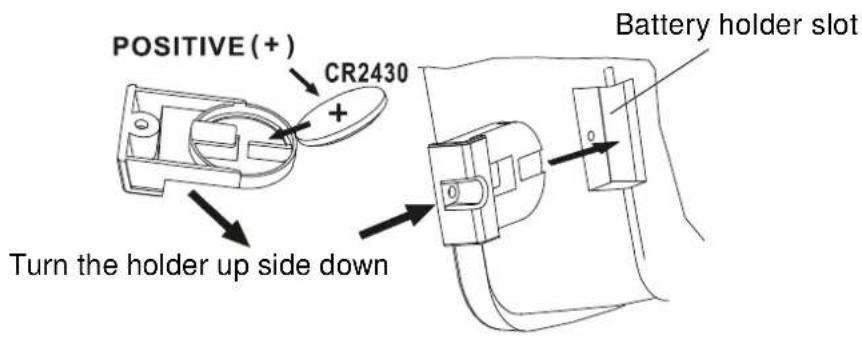 POSITIVE (+) CR2430 Turn the holder up side down Battery holder slot