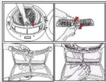 Technical diagram showing four steps of a cleaning or packaging procedure with labeled components and directional arrows