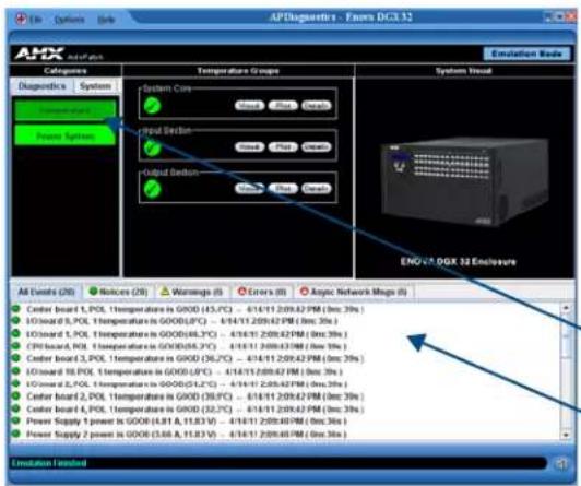 APDiagnostics - Eaves DCX 32 AHDX Systems Categories Diagnostic Systems System System Core Control Signal Output Signal Section Control Signal Output Section Control Signal System Visual Emulation Mode ENO-1A-DOX 32 Enclosure All Events (20) Notices (20) Warnings (5) Errors (0) Acyclic Network Maps (5) Center board 1, POX, 1temperature in GOOD (43.7°C) - 4/14/11 209:42 PM (Inc. 3%) EO board 3, POX, 1temperature in GOOD (61.2°C) - 4/14/11 209:42 PM (Inc. 3%) EO board 1, POX, 1temperature in GOOD (48.3°C) - 4/14/11 209:42 PM (Inc. 3%) CPU board, POX, 1temperature in GOOD (55.7°C) - 4/14/11 209:42 PM (Inc. 3%) Center board 3, POX, 1temperature in GOOD (36.7°C) - 4/14/11 209:42 PM (Inc. 3%) EO board 10, POX, 1temperature in GOOD (61.2°C) - 4/14/11 209:42 PM (Inc. 3%) EO board 2, POX, 1temperature in GOOD (51.2°C) - 4/14/11 209:42 PM (Inc. 3%) Center board 2, POX, 1temperature in GOOD (39.6°C) - 4/14/11 209:42 PM (Inc. 3%) Center board 4, POX, 1temperature in GOOD (32.7°C) - 4/14/11 209:42 PM (Inc. 3%) Power Supply 1 power in GOOD (4.81 A, 11.83 V) - 4/14/11 209:40 PM (Inc. 3%) Power Supply 2 power in GOOD (3.68 A, 11.83 V) - 4/14/11 209:40 PM (Inc. 3%)