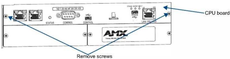 NET 00 46 SF SX XX XX STATUS CONTROL CONTROL STOCK OUTPUT AUTO LAN 100/200 CPU board AMX Chang. 98.104.300.100.100.1 Remove screws
