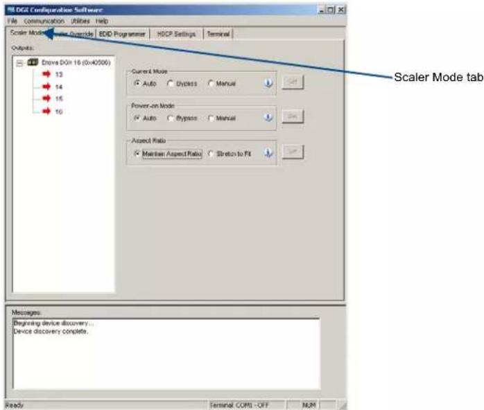 BLDG Configuration Software File Communication Utilities Help Scaler Mode Scales: Active Counter | EDD Programmer | HDCP Settings | Terminal Outputs: Enova DOx 16 (0x42000) 13 14 15 16 Current Mode Auto Dypass Manual Power-on Mode Auto Dypass Manual Aspect Ratio Maintain AspectRatio Stretch to Fit Scaler Mode tab Messages: Beginning device discovery... Device discovery complete. Ready Terminal COMS - OFF NUM