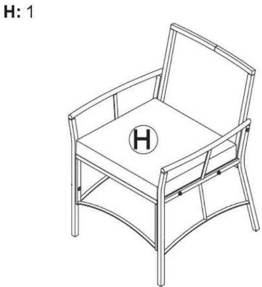 Line drawing of a simple armchair with a circular base marked 'H' and letter '1' (no text or symbols on the chair itself)