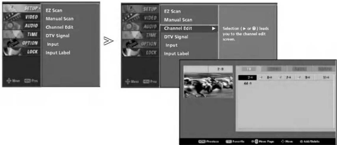 SETUP VIDEO AUDIO TIME OPTION LOCK EZ Scan Manual Scan Channel Edit DTV Signal Input Input Label SETUP VIDEO AUDIO TIME OPTION LOCK EZ Scan Manual Scan Channel Edit DTV Signal Input Input Label Selection (▶ or Ⓧ) leads you to the channel edit screen. 2-3 19 Channel 11-4 44-3 Produce Favorites Move Page Move Add/Delete