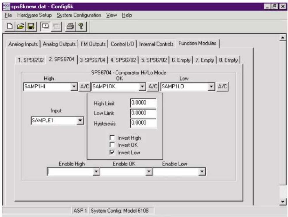 sps6knew.dat - Config6k File Hardware Setup System Configuration View Help Analog Inputs Analog Outputs FM Outputs Control I/O Internal Controls Function Modules 1. SPS6702 2. SPS6704 3. SPS6704 4. SPS6702 5. SPS6702 6. Empty 7. Empty 8. Empty High OK Low SAMP1HI A/C SAMP1OK A/C SAMP1LO A/C Input SAMPLE1 High Limit 0.0000 Low Limit 0.0000 Hysteresis 0.0000 Invert High Invert OK Invert Low Enable High Enable OK Enable Low ASP 1 System Config: Model-6108
