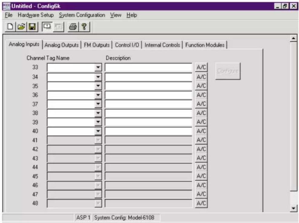 Analog Inputs | Analog Outputs | FM Outputs | Control I/O | Internal Controls | Function Modules | Channel Tag Name Description 33 A/C 34 A/C 35 A/C 36 A/C 37 A/C 38 A/C 39 A/C 40 A/C 41 A/C 42 A/C 43 A/C 44 A/C 45 A/C 46 A/C 47 A/C 48 A/C ASP 1 System Config: Model-6108