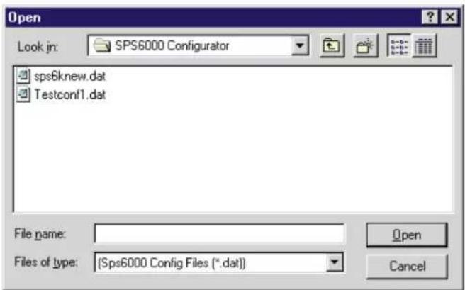 Open Look in: SPS6000 Configurator sps6knew.dat Testconf1.dat File name: Files of type: {Sps6000 Config Files (*.dat)} Open Cancel