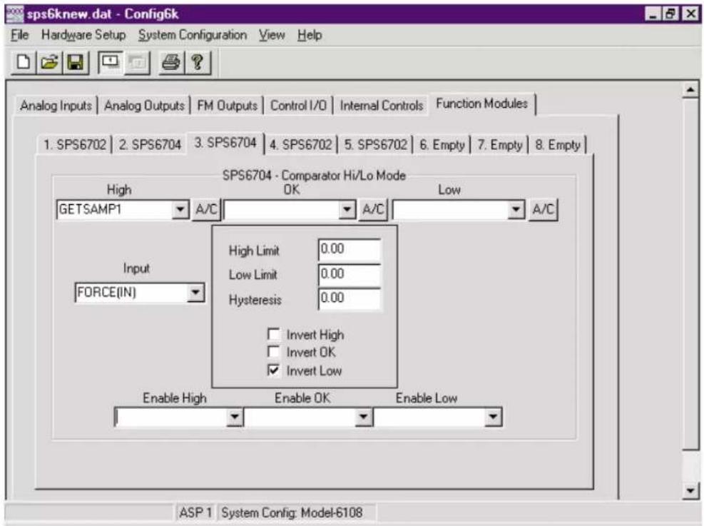 sps6knew.dat - Config6k File Hardware Setup System Configuration View Help Analog Inputs Analog Outputs FM Outputs Control I/O Internal Controls Function Modules 1. SPS6702 2. SPS6704 3. SPS6704 4. SPS6702 5. SPS6702 6. Empty 7. Empty 8. Empty High OK Low GETSAMP1 A/C A/C A/C Input FORCE(IN) High Limit 0.00 Low Limit 0.00 Hysteresis 0.00 Invert High Invert OK Invert Low Enable High Enable OK Enable Low ASP 1 System Config: Model-6108