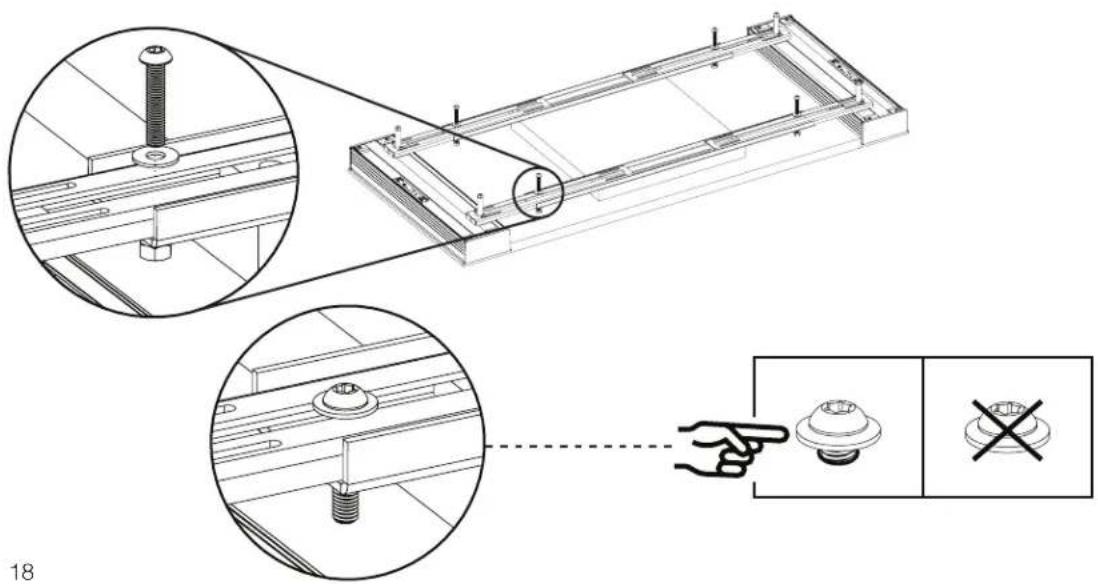 Technical diagram showing assembly steps with magnified views of a mechanical component and a hand pointing to a button.