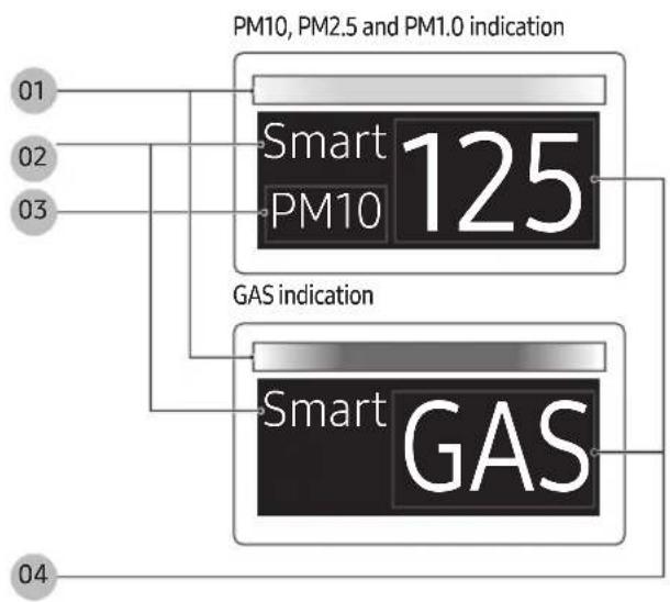 PM10, PM2.5 and PM1.0 indication 01 02 03 Smart 125 PM10 GAS indication Smart GAS 04