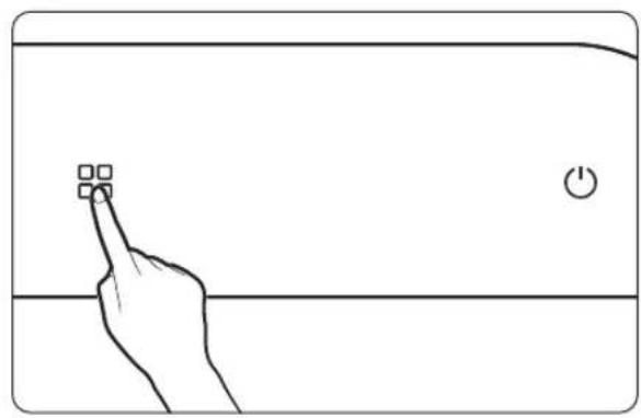 Line drawing of a hand pointing at a button with a square icon, next to a power button (no text or symbols).