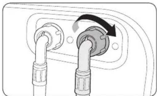 Diagram of two connected pipe fittings with a directional arrow indicating rotation (no text or symbols)