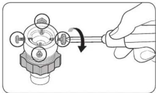 Illustration of a hand using a screwdriver to adjust a mechanical component (no text or symbols present)