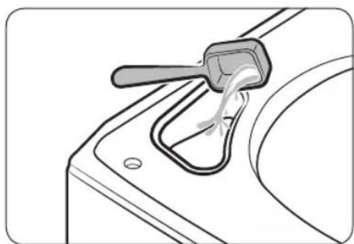 Diagram of a mechanical component with a handle and spring, showing fluid flow or force application (no text or symbols)