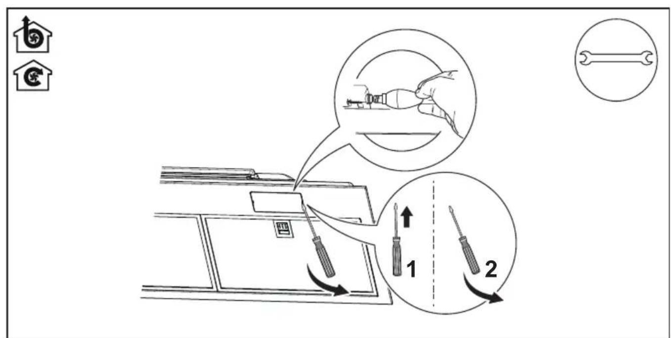 Diagram illustrating screwdriver tool application process with labeled steps 1 and 2, showing tool path and component placement.
