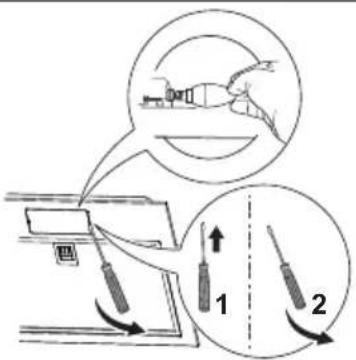 Diagram illustrating a mechanical or electrical process with labeled components and directional arrows, including a magnified inset showing a device and tool.