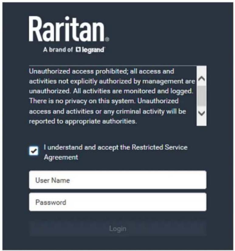 Raritan PX2-5524K2 - Login manner after enabling the service agreement: - 1