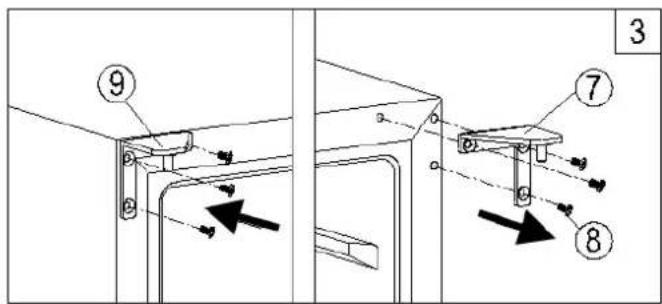 Technical diagram showing two mechanical assembly steps with numbered components and directional arrows indicating movement or force.