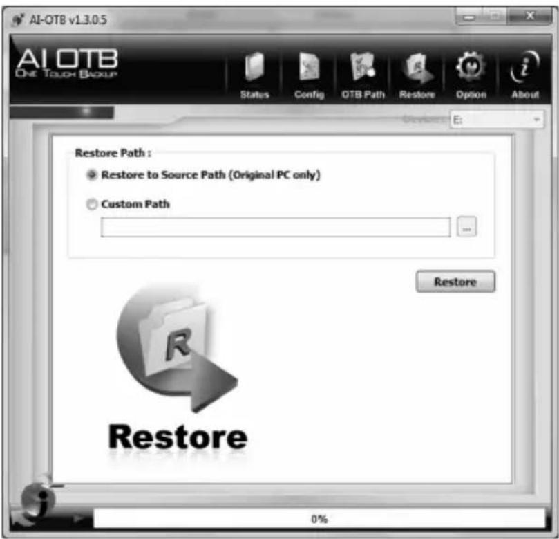 AI-OTB v1.3.0.5 AI OTB ONE TOUCH BACKUP Status Config OTB Path Restore Option About Restore Path : Restore to Source Path (Original PC only) Custom Path Restore 0%