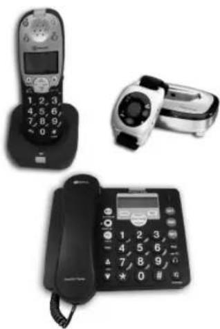 Three black-and-white photos of a vintage telephone device: a mobile phone with keypad, a wristwatch, and a standard telephone (no visible text or symbols)