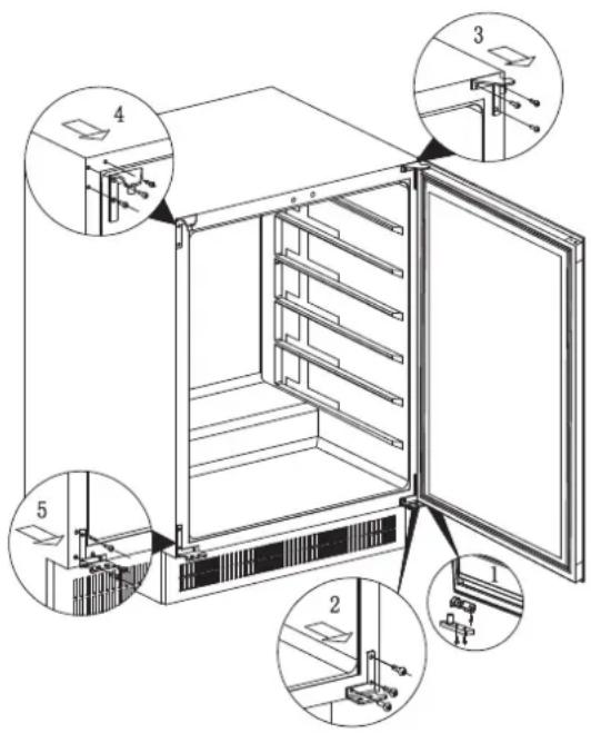 Technical diagram of an open refrigerator with labeled parts including doors, doors, and wall-mounted panels