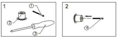 Technical diagram showing two mechanical assembly steps: one with a cylindrical component and labeled parts, the other with a cylindrical component and labeled parts.