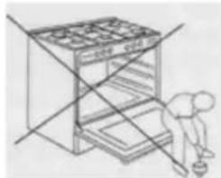 Simple line drawing of a person cleaning a large oven with a tool, no text or symbols present