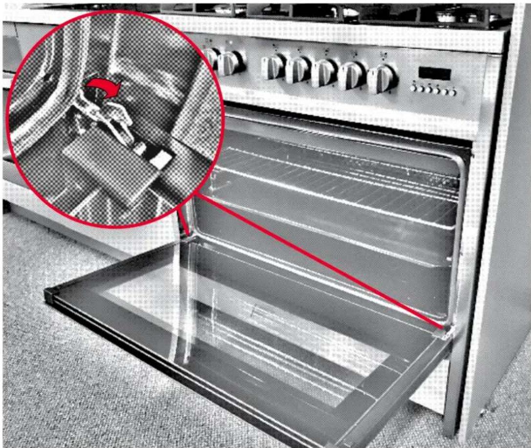 Interior view of a kitchen oven with a close-up inset showing internal components (no visible text or symbols)