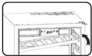 Technical diagram of a cabinet or rack with labeled compartments and directional arrows indicating movement or assembly.