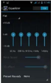 Equalizer Flat +15 dB 8 dB -15 dB 60 Hz 230 Hz 910 Hz 4 kHz 14 kHz Basis boost 1D effect Preset Reverb None
