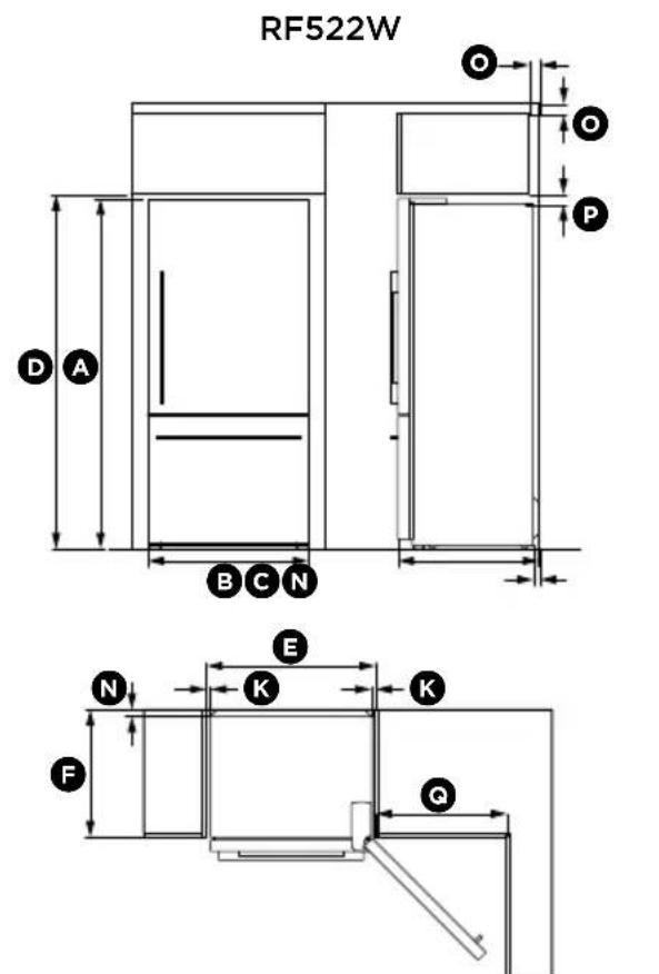Fisher & Paykel RF442BLGX6 - Product and cabinetry dimensions - 1