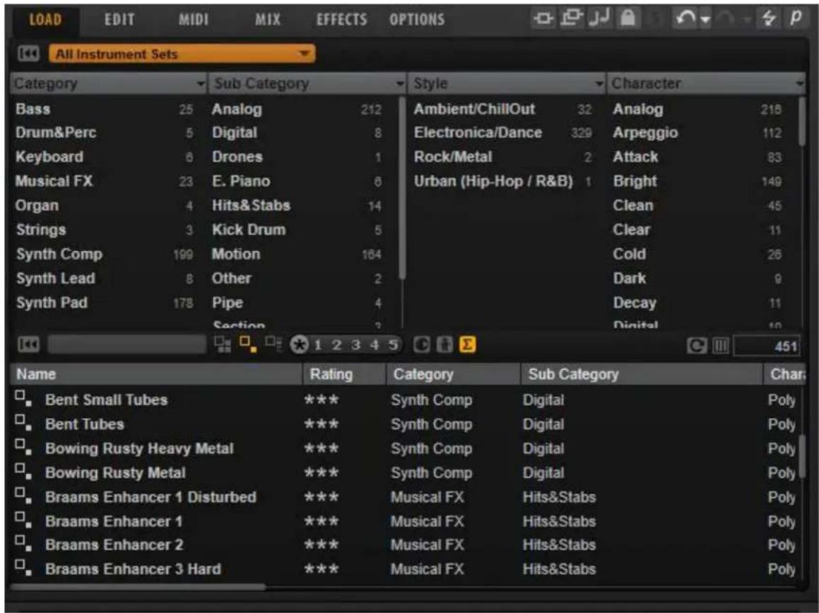 All Instrument Sets Category Sub Category Style Character Bass 25 Analog 212 Ambient/ChillOut 32 Analog 218 Drum&Perc 5 Digital 8 Electronica/Dance 329 Arpeggio 112 Keyboard 6 Drones 1 Rock/Metal 2 Attack 83 Musical FX 23 E. Piano 6 Urban (Hip-Hop / R&B) 1 Bright 149 Organ 4 Hits&Stabs 14 Clean 45 Strings 3 Kick Drum 5 Clear 11 Synth Comp 199 Motion 164 Cold 26 Synth Lead 8 Other 2 Dark 9 Synth Pad 178 Pipe 4 Decay 11 Section ? Digital 10 Name Rating人類 Category Sub Category Char. Bent Small Tubes *** Synth Comp Digital Poly Bent Tubes *** Synth Comp Digital Poly Bowing Rusty Heavy Metal *** Synth Comp Digital Poly Bowing Rusty Metal *** Synth Comp Digital Poly Braams Enhancer 1 Disturbed *** Musical FX Hits&Stabs Poly Braams Enhancer 1 *** Musical FX Hits&Stabs Poly Braams Enhancer 2 *** Musical FX Hits&Stabs Poly Braams Enhancer 3 Hard *** Musical FX Hits&Stabs Poly