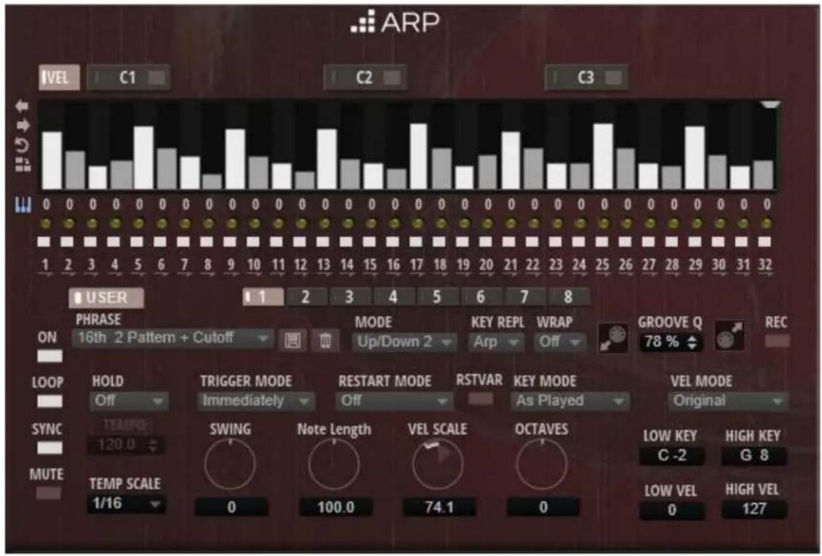 ARP IVEL C1 C2 C3 USER 1 2 3 4 5 6 7 8 PHRASE MODE KEY REPL WRAP GROOVE Q REC ON 16th 2 Pattern + Cutoff Up/Down 2 Arp Off 78 % LOOP HOLD TRIGGER MODE RESTART MODE RSTVAR KEY MODE VEL MODE Original SYNC TEMPO SWING Note Length VEL SCALE OCTAVES LOW KEY HIGH KEY MUTE TEMP SCALE 0 100.0 74.1 0 C -2 G 8 1/16 0 0 0 0 0 0 0 0 0 0 0 0 0 0 0 0 0 0 0 0 0 0 0 0 0 0 0 0 0 0 0 0 0 0 0 0 0 0 0 0 0 0 1 2 3 4 5 6 7 8 9 10 11 12 13 14 15 16 17 18 19 20 21 22 23 24 25 26 27 28 29 30 31 32