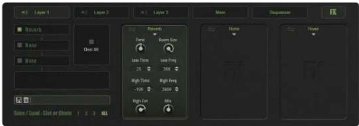 Layer 1 Layer 2 Layer 3 Main Sequence FX Reverse None Close All Reverse Time Room Size Low Time Low Freq 25 300 High Time High Freq -100 3800 High Cut Min None None Scope / Load : Slot or Chain 1 2 3 ALL